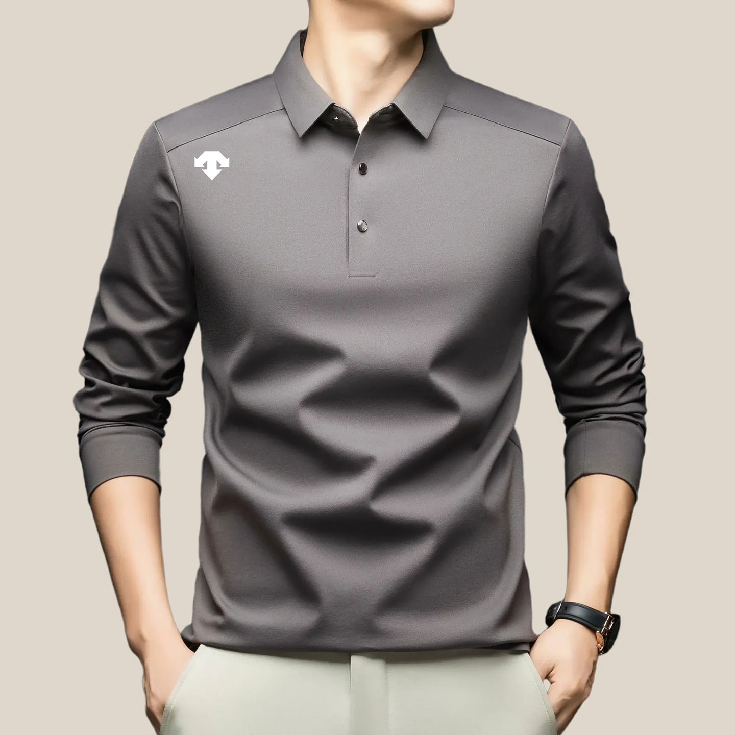 【专柜同款】迪桑家男士秋季长袖polo衫速干运动T恤时尚纯色打底衫