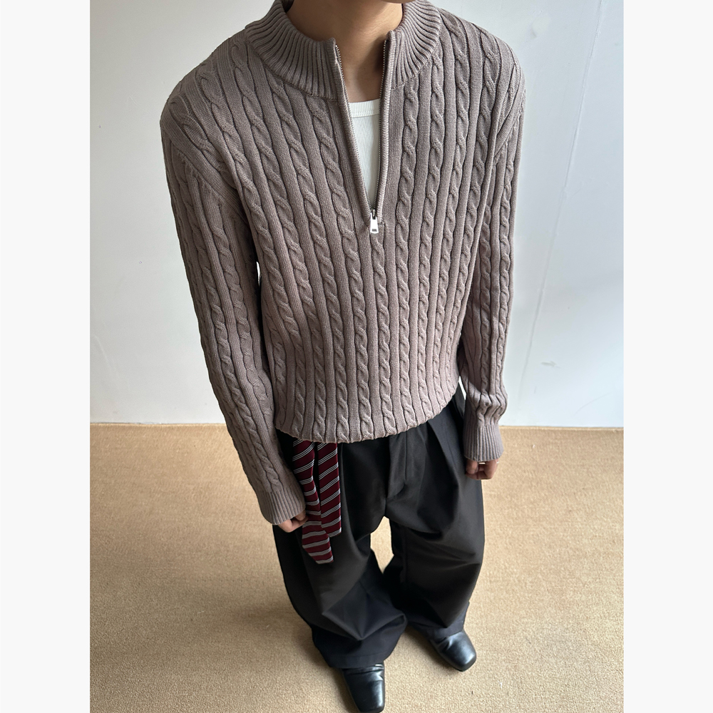 CZ2美式简约麻花设计立领慵懒秋冬cleanfit半拉链上衣男女针织衫