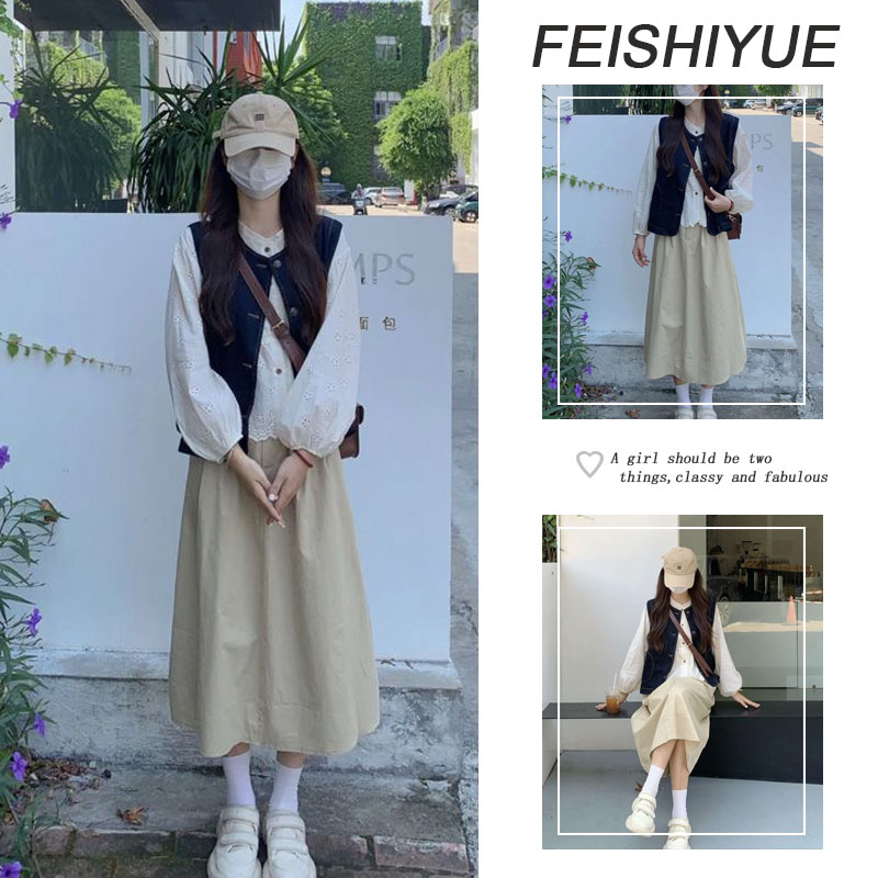 2025秋季新款套装复古学院风牛仔马甲背心衬衫高腰半身裙三件套