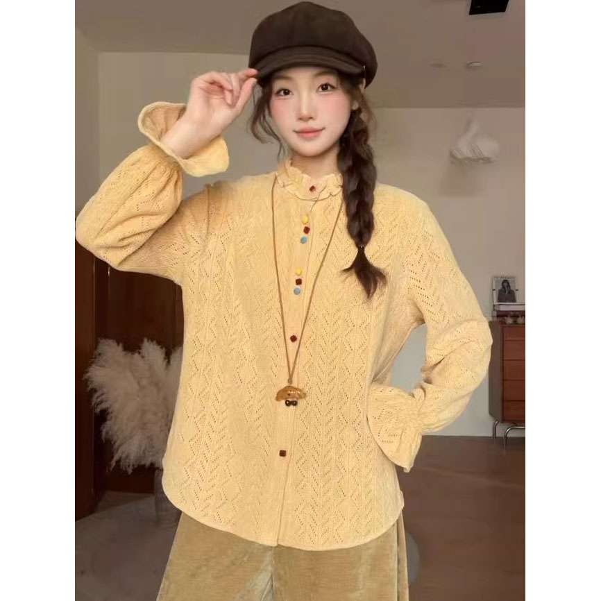 港风木耳边锁空彩色纽扣设计感喇叭袖上衣女秋冬内搭显瘦叠穿上衣
