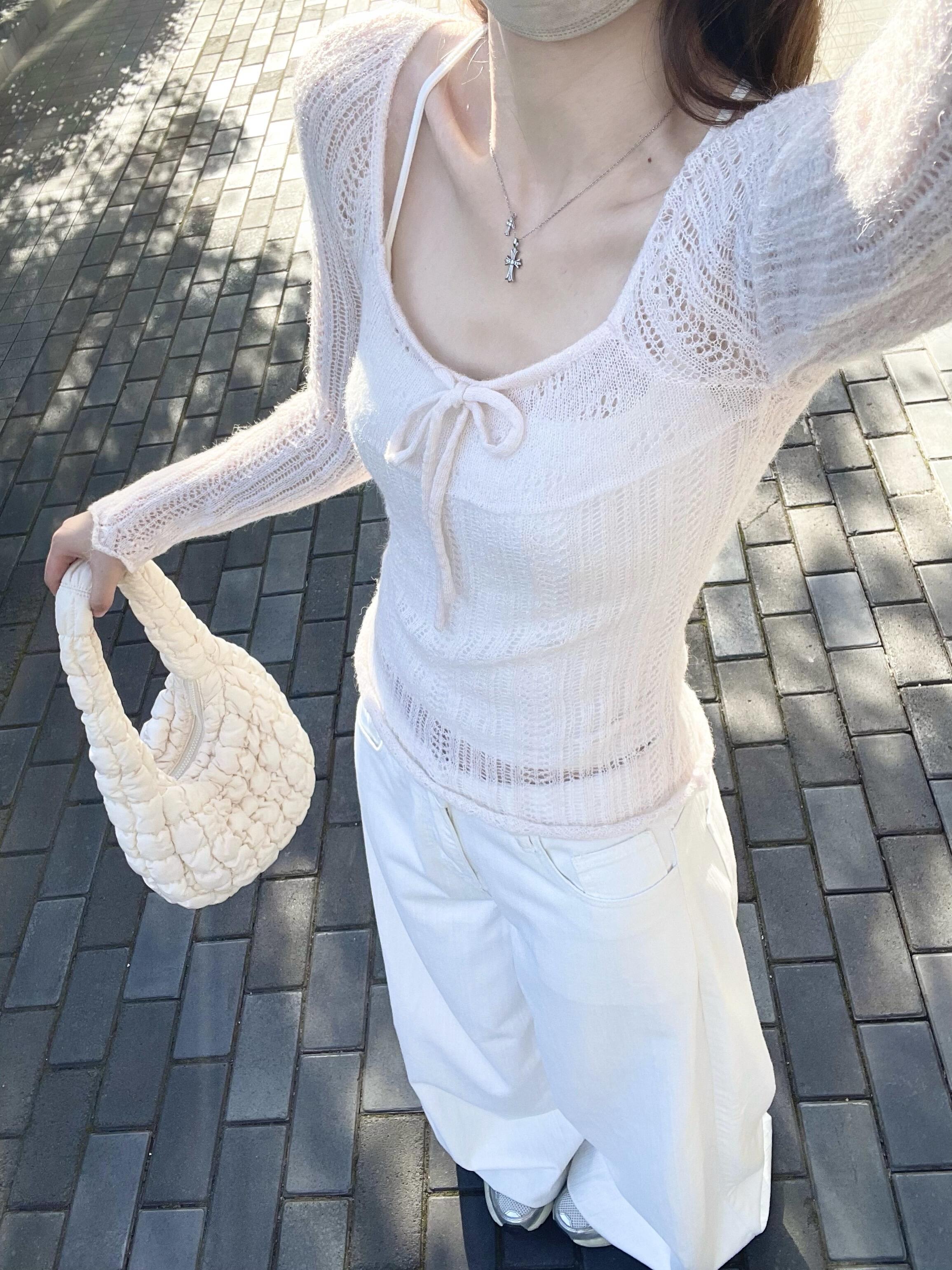 2025秋季韩系甜美风粉色镂空针织上衣内搭吊带背心休闲阔腿裤套装