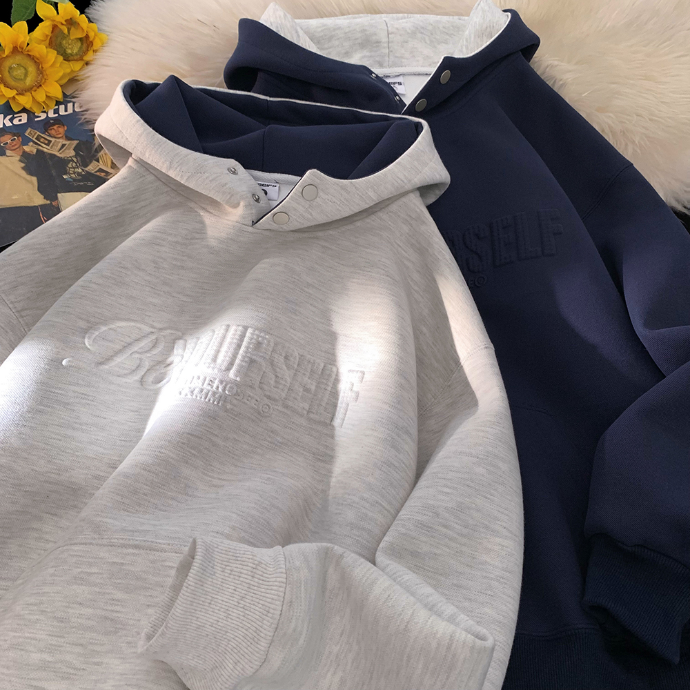 韩版慵懒风字母钢印连帽卫衣男士复古百搭时尚长袖上衣外套高级感