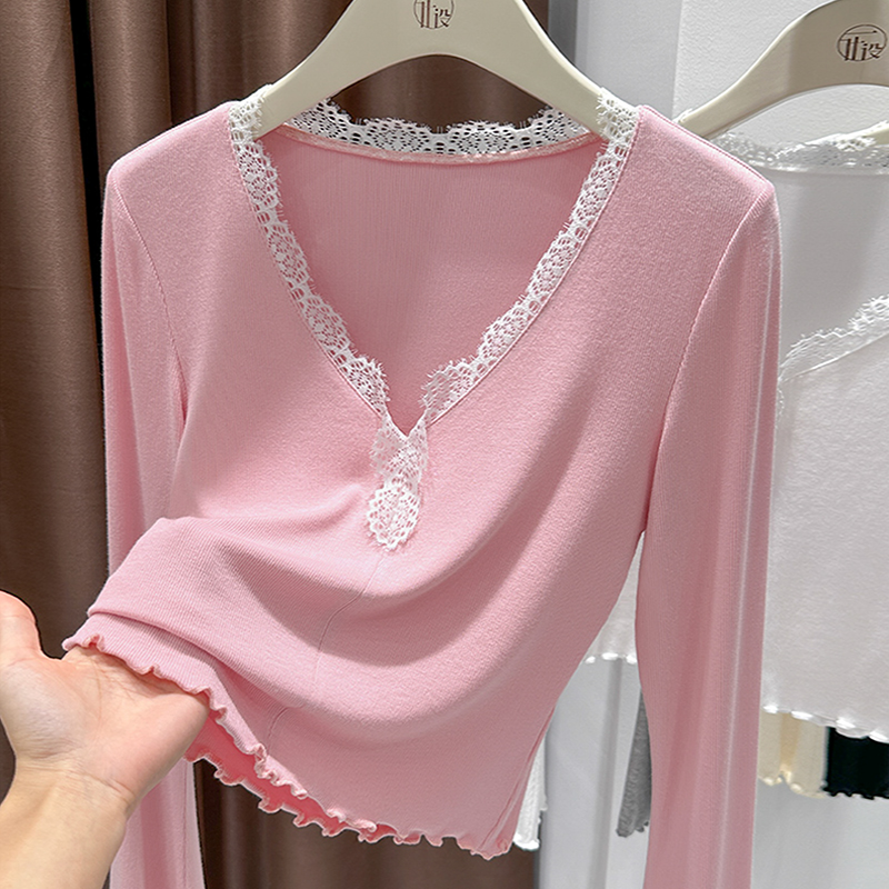 绝美蕾丝花边显瘦打底衫女秋内搭螺纹针织长袖T恤薄款正肩v领上衣