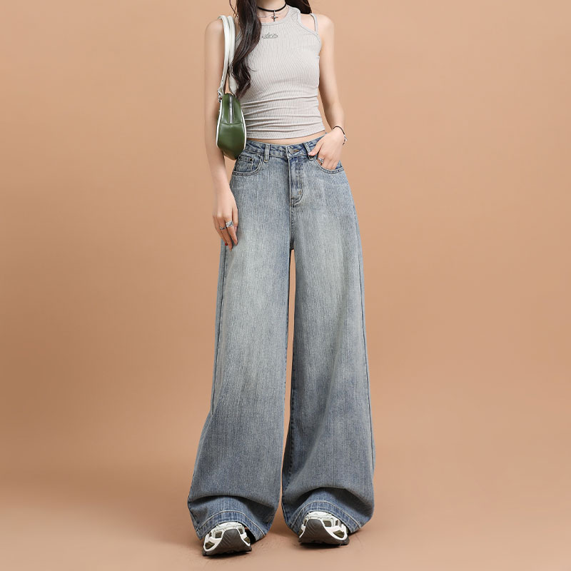 海盐蓝阔腿牛仔裤女2025年夏季新款高腰宽松显瘦复古直筒拖地裤子