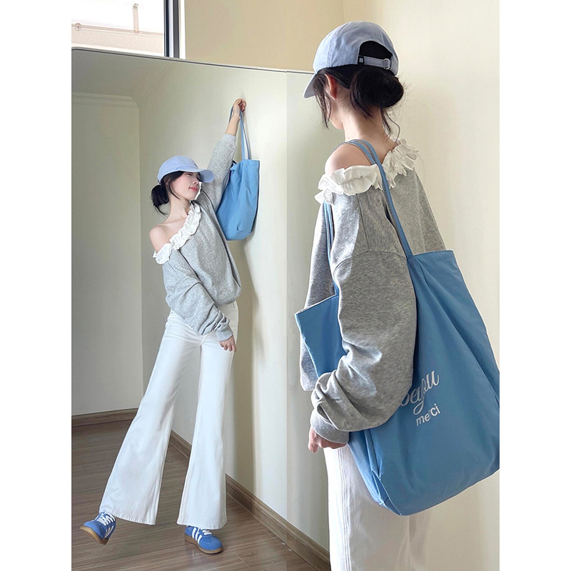 韩系复古斜肩露肩套头卫衣女春秋宽松绝美辣妹显瘦学院风休闲百搭