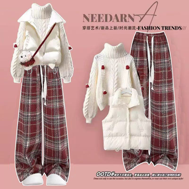 冬季套装女2025新款圣诞新年氛围感毛衣马甲棉服加绒格子裤三件套