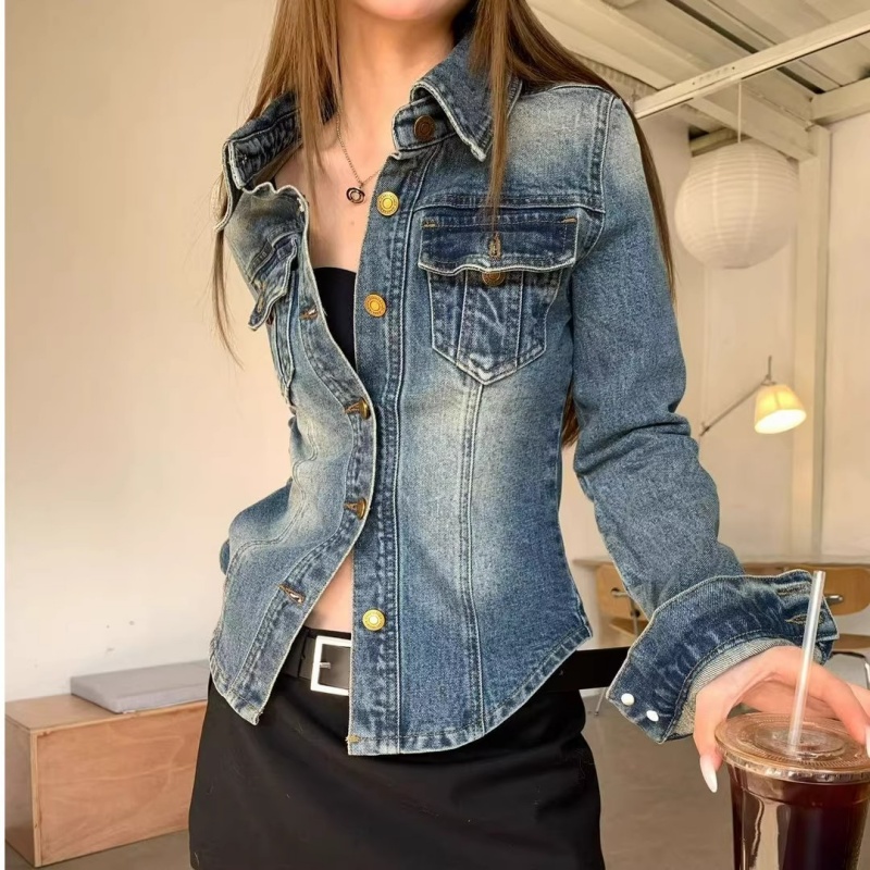 2025春秋季新款港风复古辣妹蓝色牛仔外套修身显瘦polo领牛仔衬衫