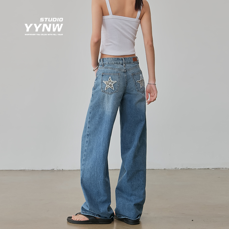 豹纹星设计感低腰阔腿牛仔裤女2025秋季新款宽松显瘦休闲拖地裤子