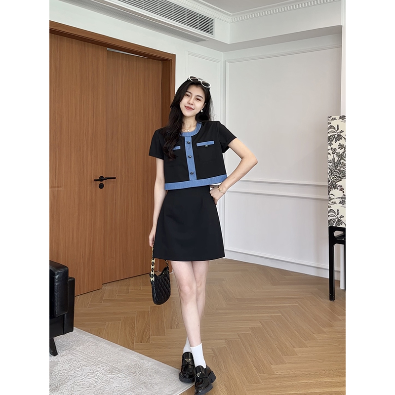 张阿星【智感连衣裙】通勤时尚假两件黑蓝撞色拼接连衣裙小香风收腰