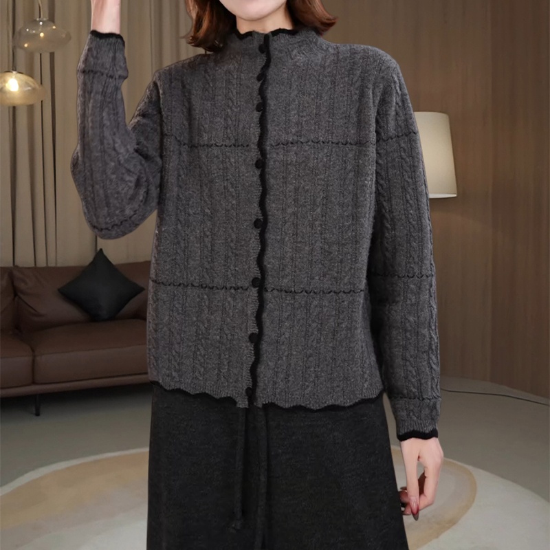 法式别致波浪花边设计立领针织开衫女秋冬新款红色洋气单排扣上衣