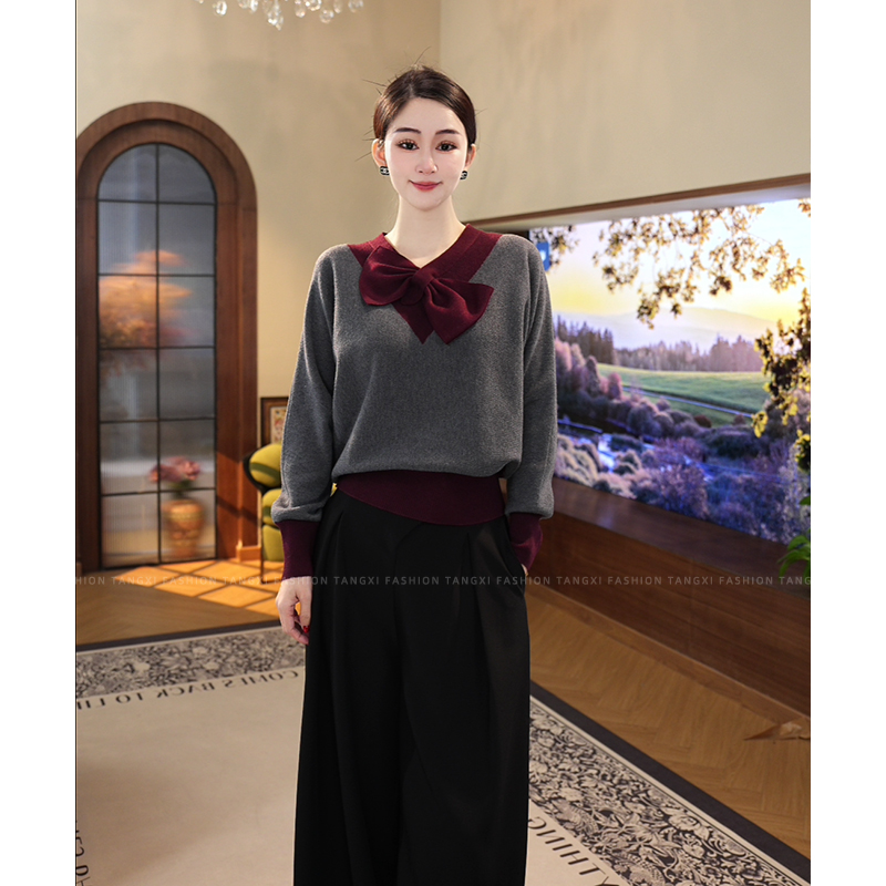 唐熹2025秋冬新款【ZM-D753】含绵羊毛气质灰色针织衫打底毛衣