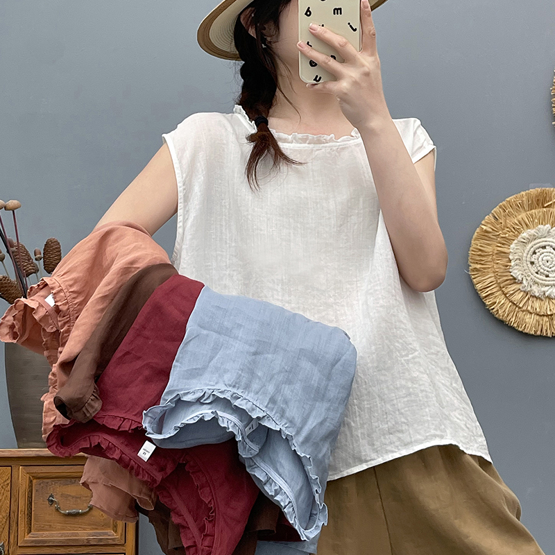 夏季无袖苎麻小衫气质百搭减龄上衣2025夏装新款女装简约时尚6579