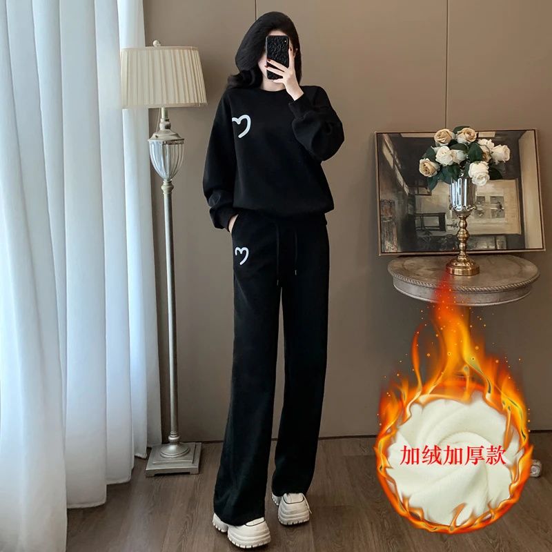 加绒加厚休闲套装女士2025秋冬新款时尚宽松显瘦卫衣阔腿裤两件套