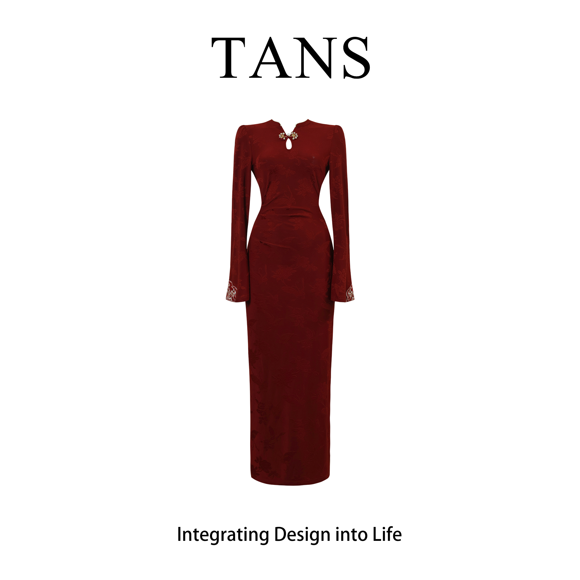 现货 TANS【秋季新品】新中式国风红色高级设计感长款显廋连衣裙