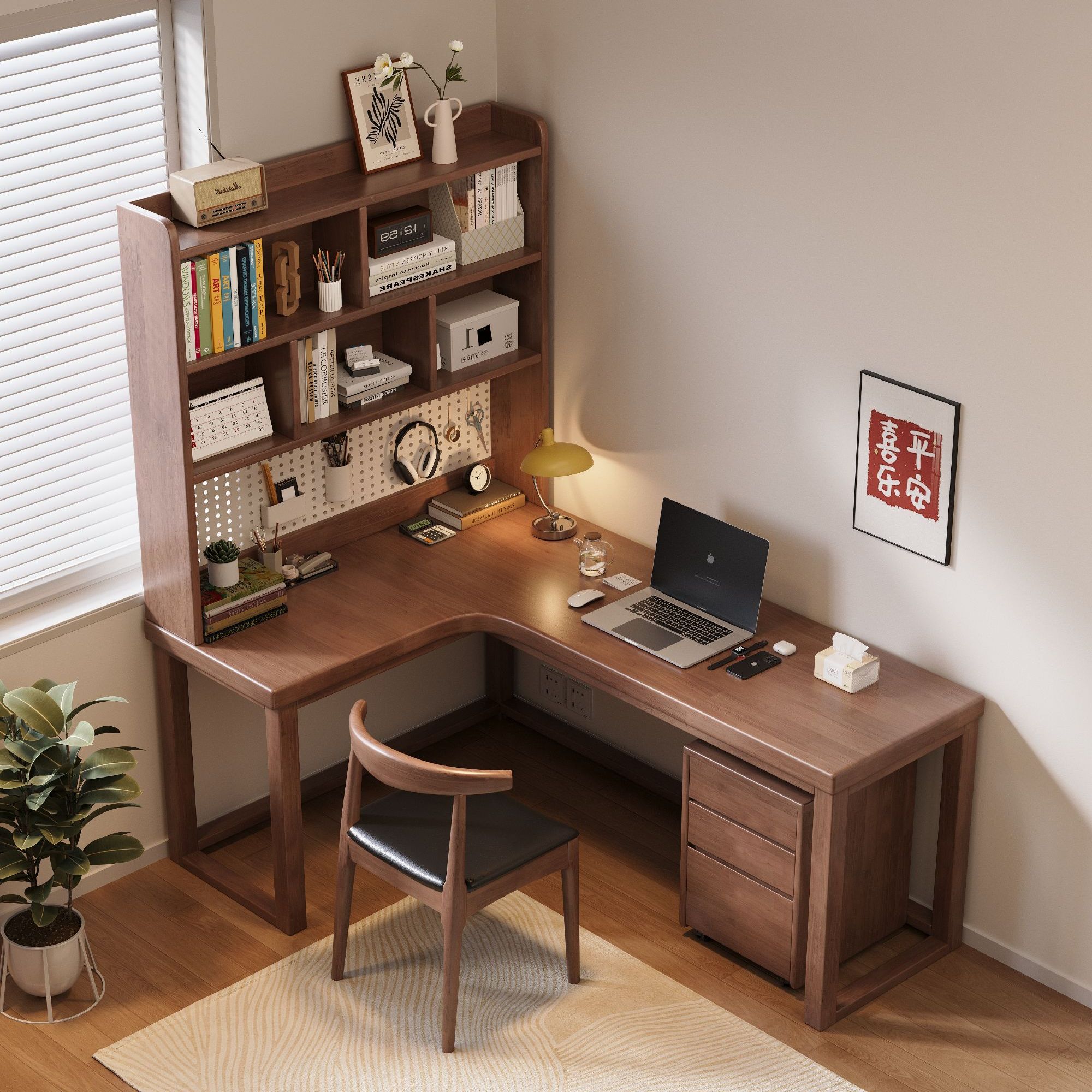 新中式轻奢加厚转角实木书桌书柜一体L型电脑桌经济型卧室学习桌