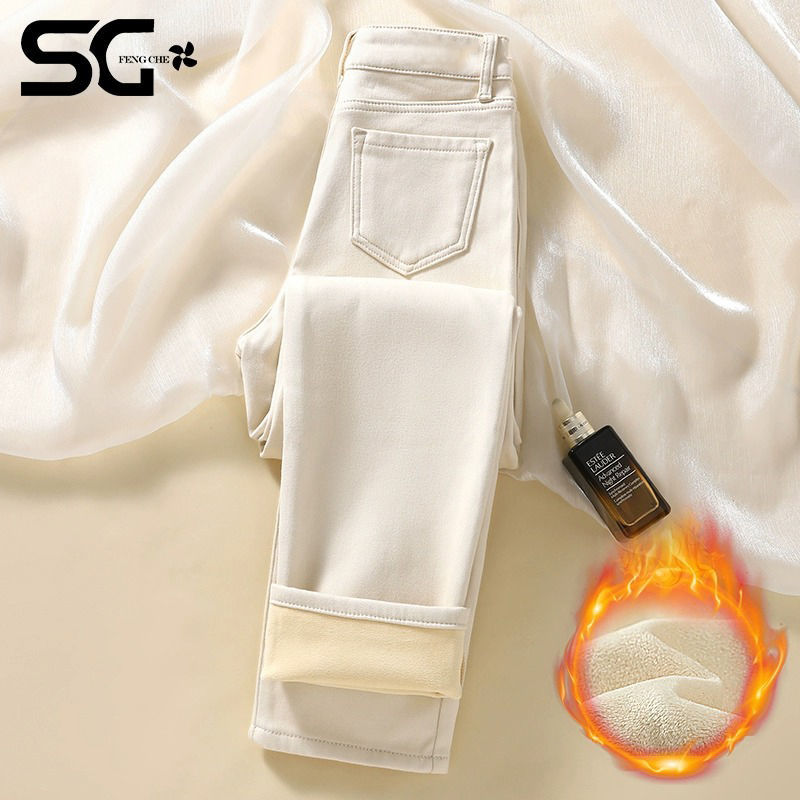 米白色哈伦裤女款2025冬季新款加绒加厚外穿高腰显瘦小脚老爹裤子