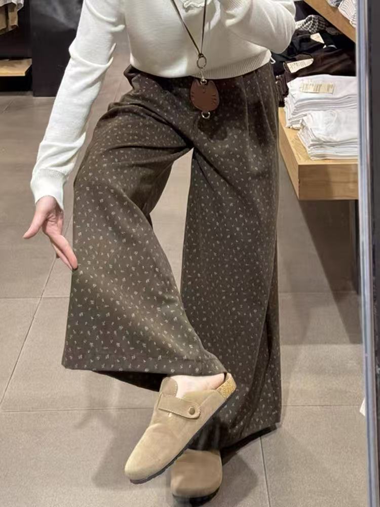 复古棕色碎花阔腿裤子大码胖mm显瘦今年流行梧桐裤秋装女款休闲裤