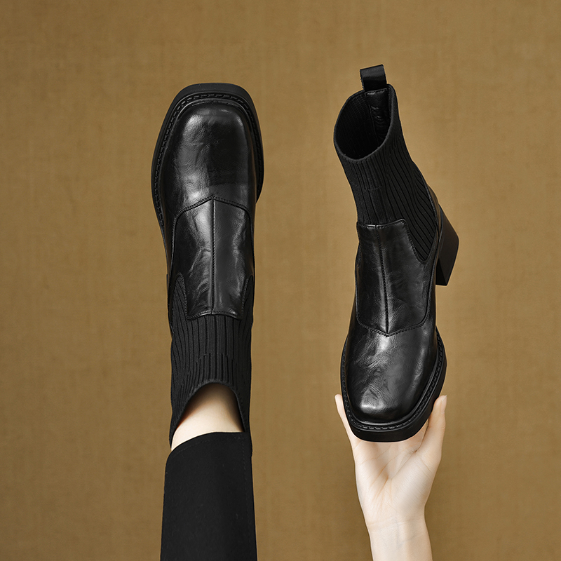 百搭鞋子秋冬靴子女粗跟短靴女2025新款方头针织弹力瘦瘦靴351