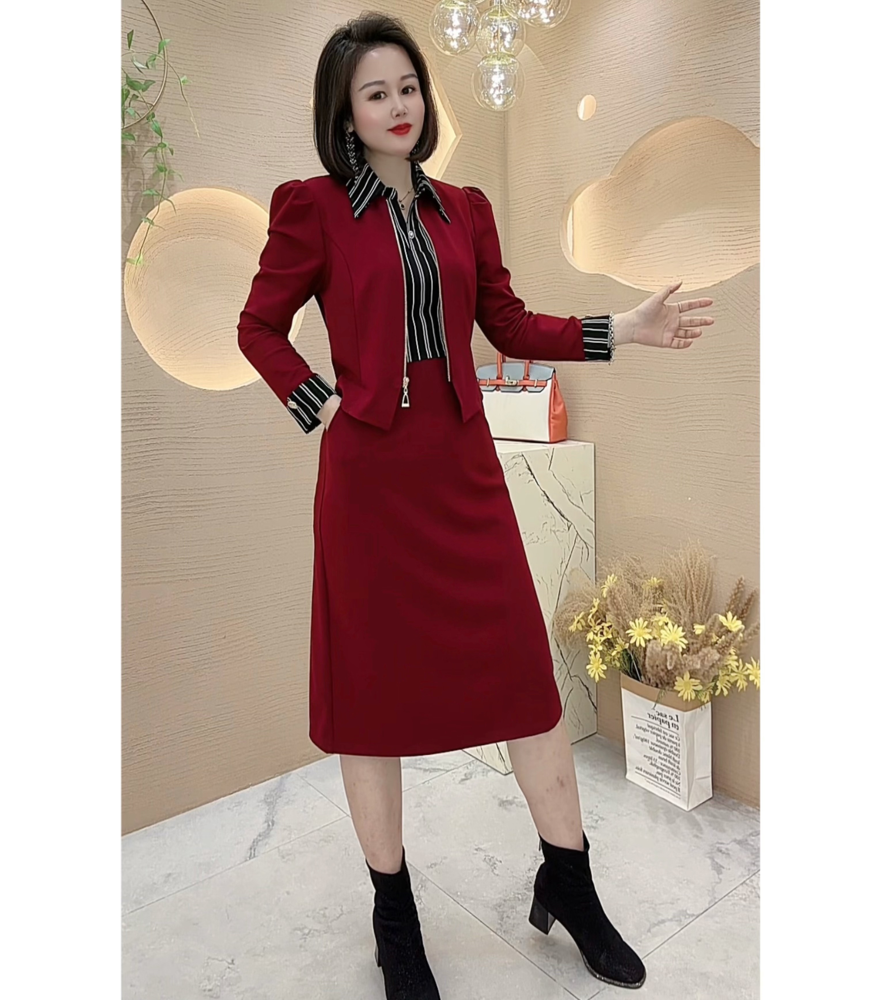 【雅俪莎精选】2025春秋时尚大方气质假两件连衣裙7901