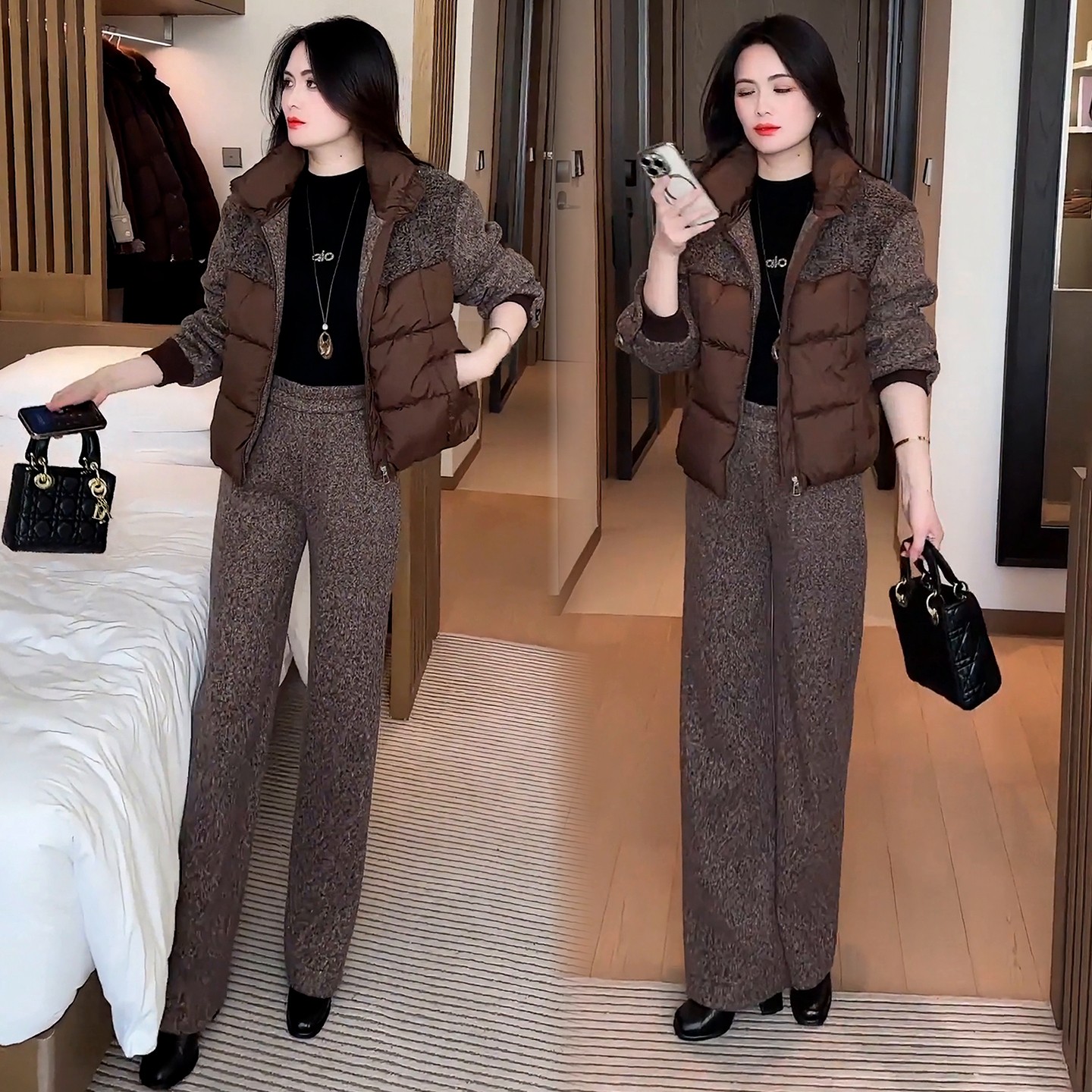 2025冬季新款时尚棉服套装女洋气毛呢拼接棉衣外套阔腿裤两件套潮