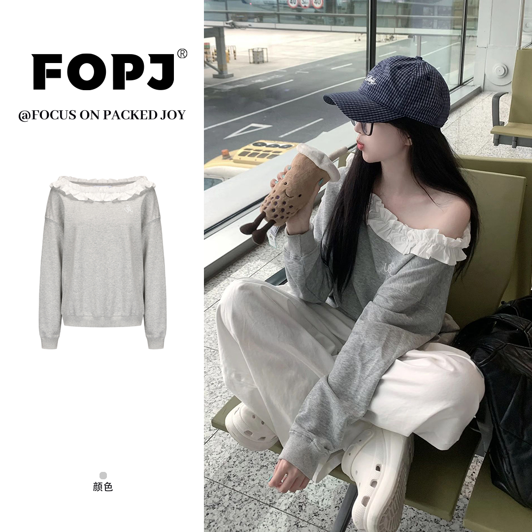 FOPJ刺绣款韩系纯欲风花边设计斜肩长袖卫衣女春秋款宽松百搭上衣