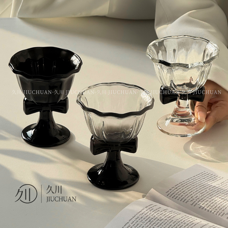 创意高级感黑色蝴蝶结高脚杯微醺红酒鸡尾酒杯冷饮咖啡杯玻璃杯子