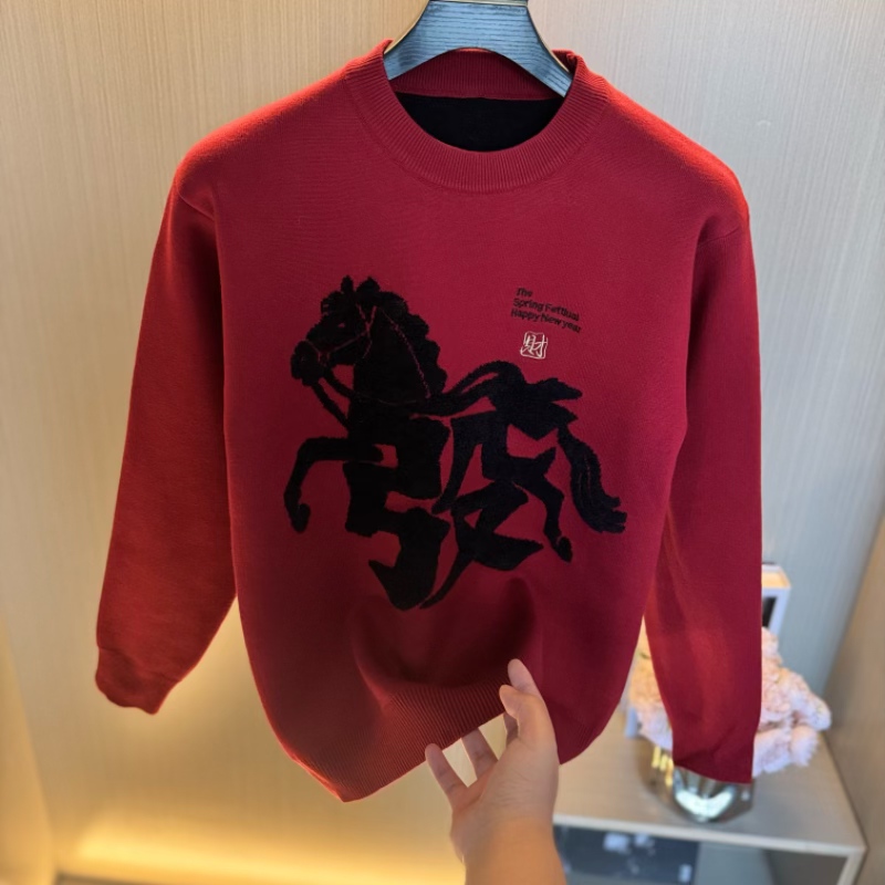 高档精品圆领马年红色毛衣男士加厚秋冬保暖时尚针织衫打底衫百搭