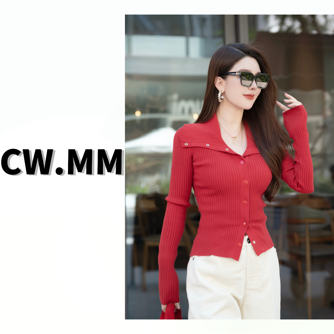 CW.MM 【馥郁玫瑰】洋气翻领按扣修身显瘦红色气质毛衣秋冬百搭上衣