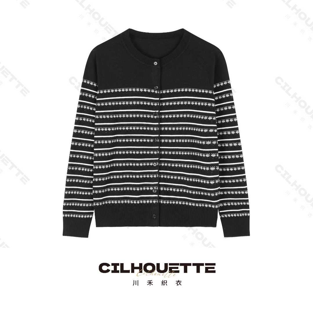 川禾织衣 早秋开衫镂空草莓提花羊毛针织衫气质洋气显瘦长袖毛衣