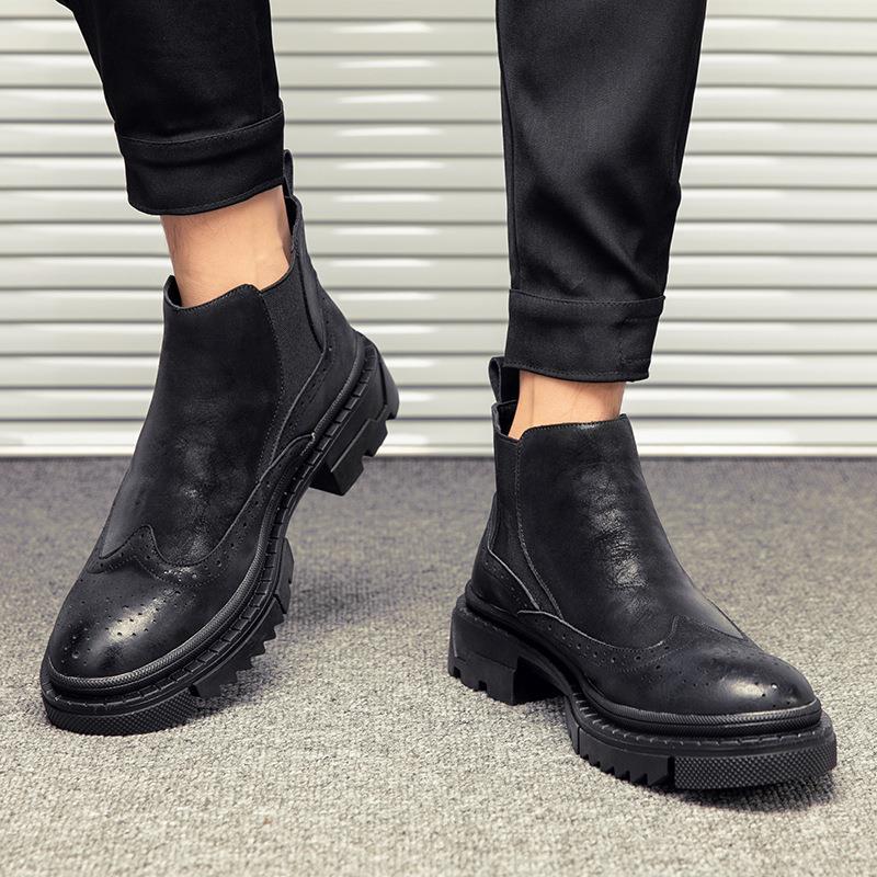 切尔西靴男英伦风复古马丁靴高筒潮流夏秋靴子高档布洛克中邦皮鞋