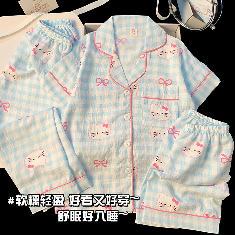 秋季新款短袖长裤夏季薄款女童睡衣儿童长袖透气休闲家居服三件套