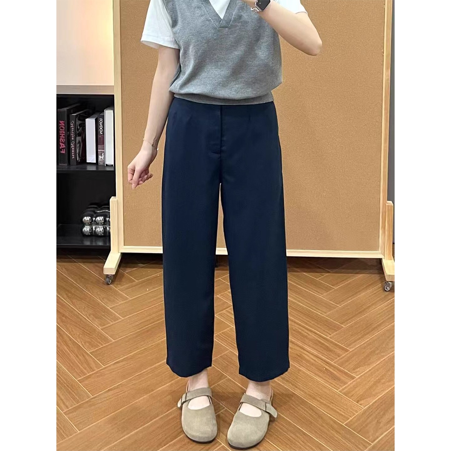 藏青色亚麻休闲裤女夏季薄款胖mm梨形身材高腰宽松显瘦九分阔腿裤