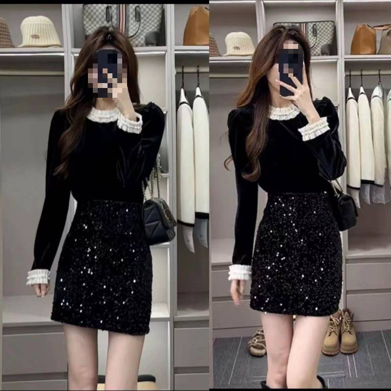 今年流行漂亮套装裙女春季丝绒上衣半身裙两件套小香风搭配一整套