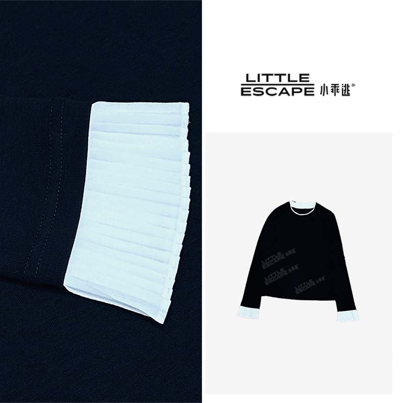 小乖逃单色！黑色T恤长袖打底拼白色领袖口压褶花边袖长袖T8006