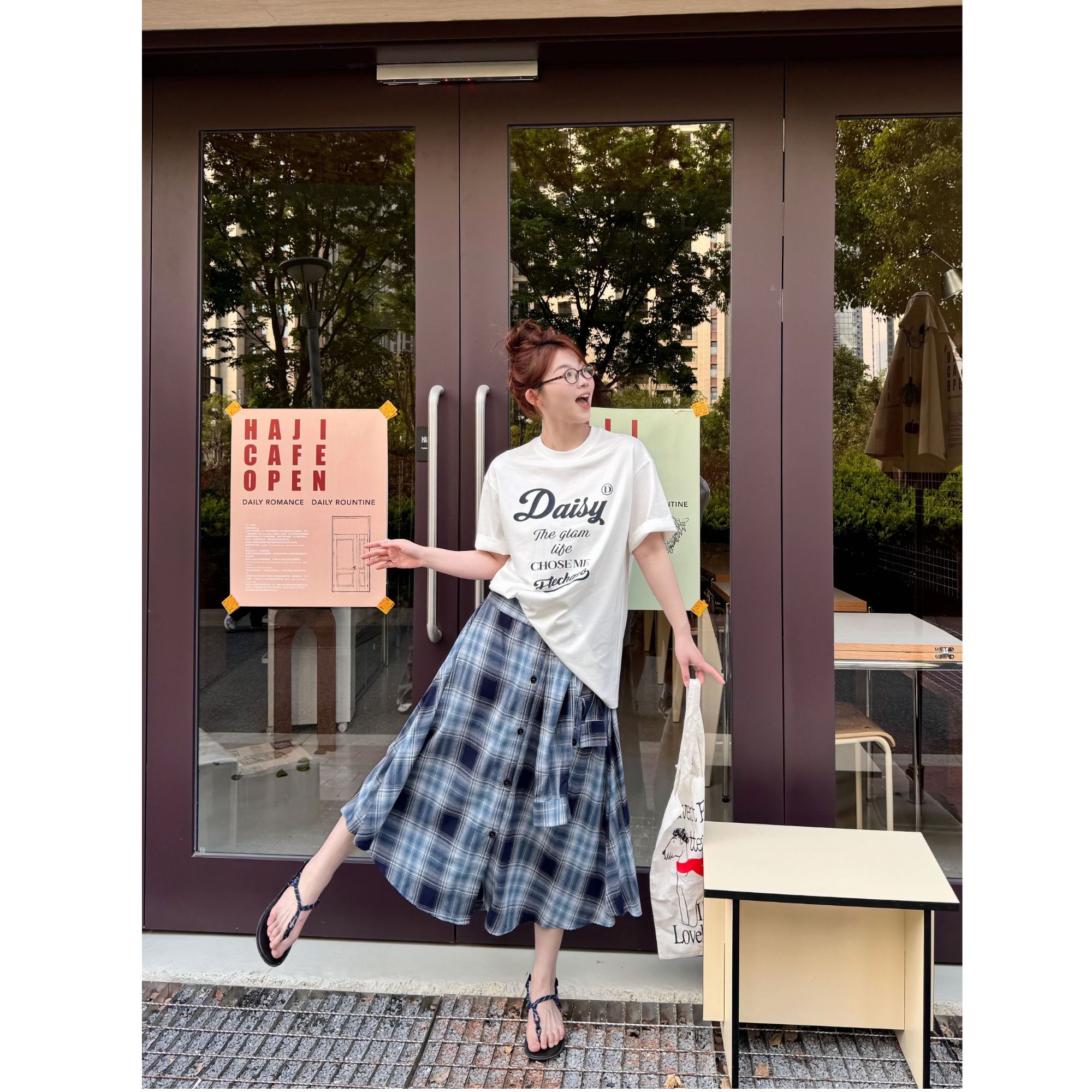 晶咕【小众视觉】撞色格纹高腰显瘦带绑带A字半身裙休闲夏季