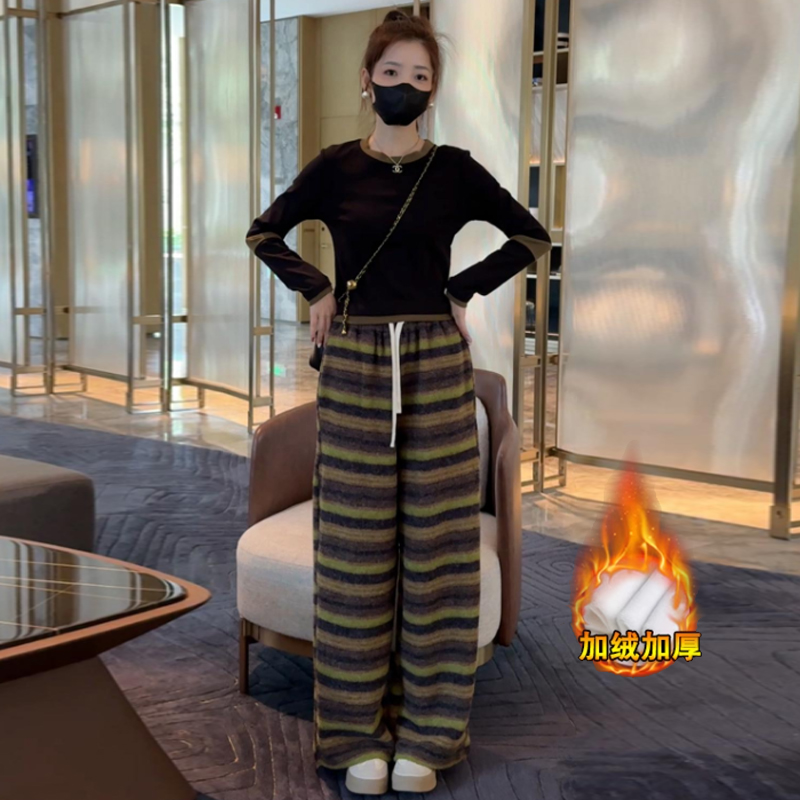 加绒加厚时尚套装女秋冬新款洋气显瘦宽松打底衫条纹阔腿裤两件套