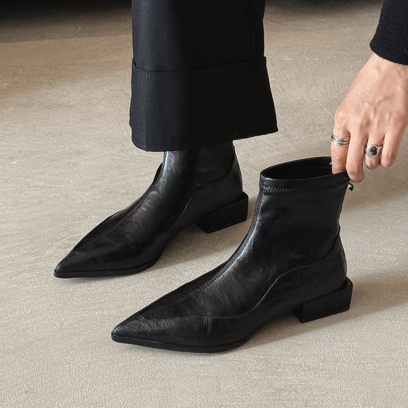 法式气质尖头皮短靴女春秋单靴2025新款瘦瘦靴弹力袜靴子