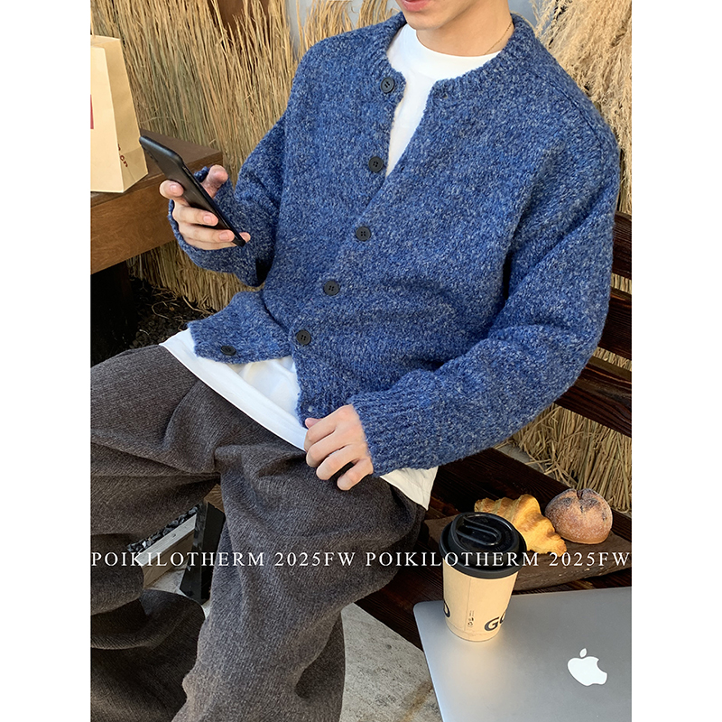 PLTH*韩系慵懒风软糯圈圈纱短款单排扣毛衣针织开衫外套男女同款