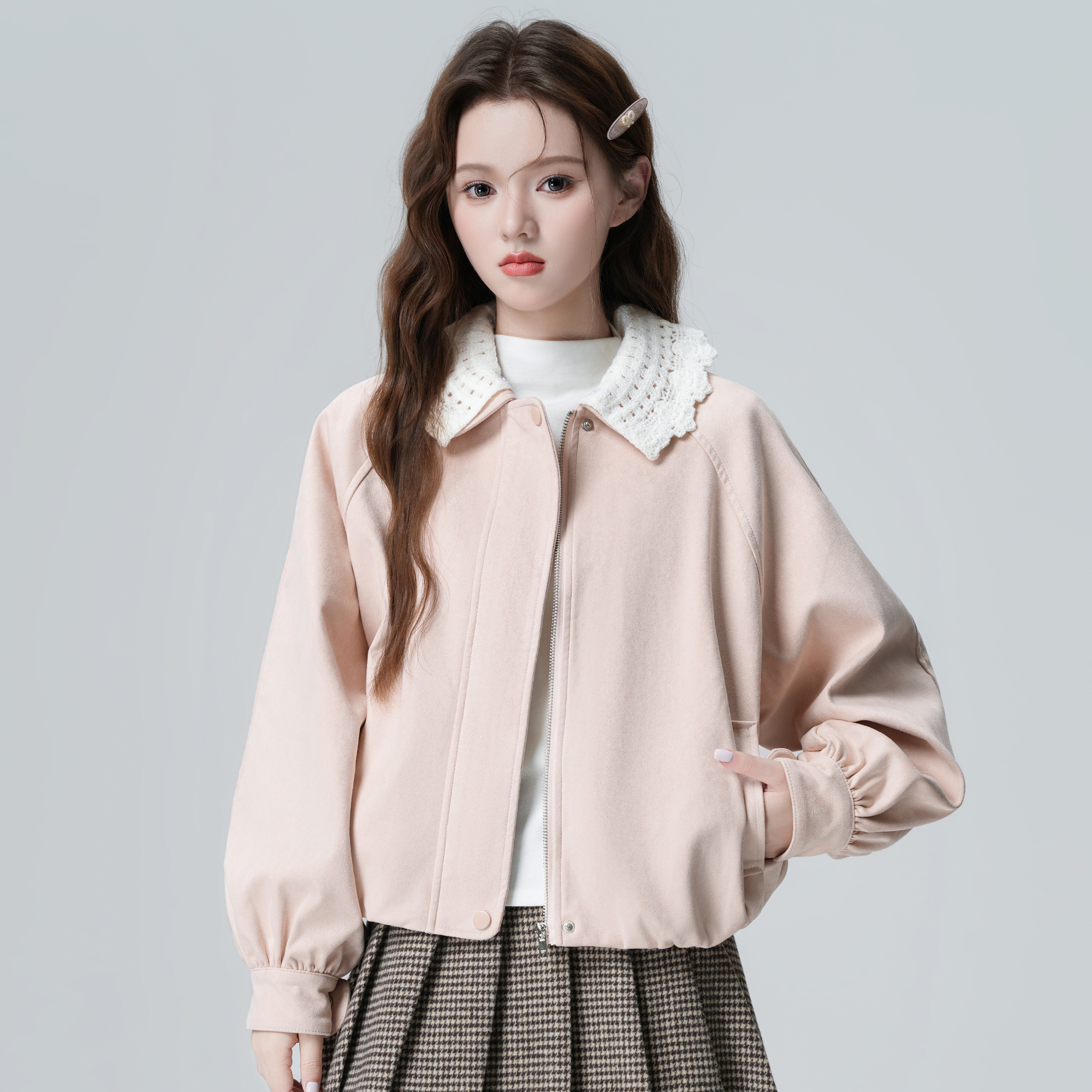 粉色娃娃领外套女春秋2025秋季新款蕾丝拼接拉链夹克开衫短款上衣