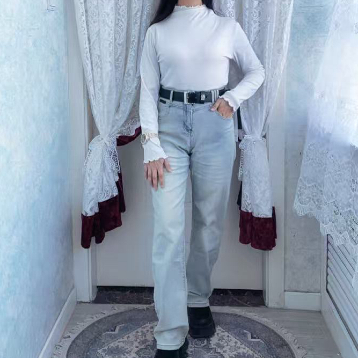 【AYX】66607蓝高腰加绒窄版直筒牛仔裤显瘦百搭冬季新款爆款长裤子