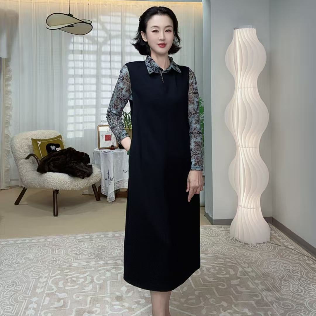 BA-9155经典小黑裙秋冬款 小开领马甲裙 长款精纺羊毛混纺连衣裙