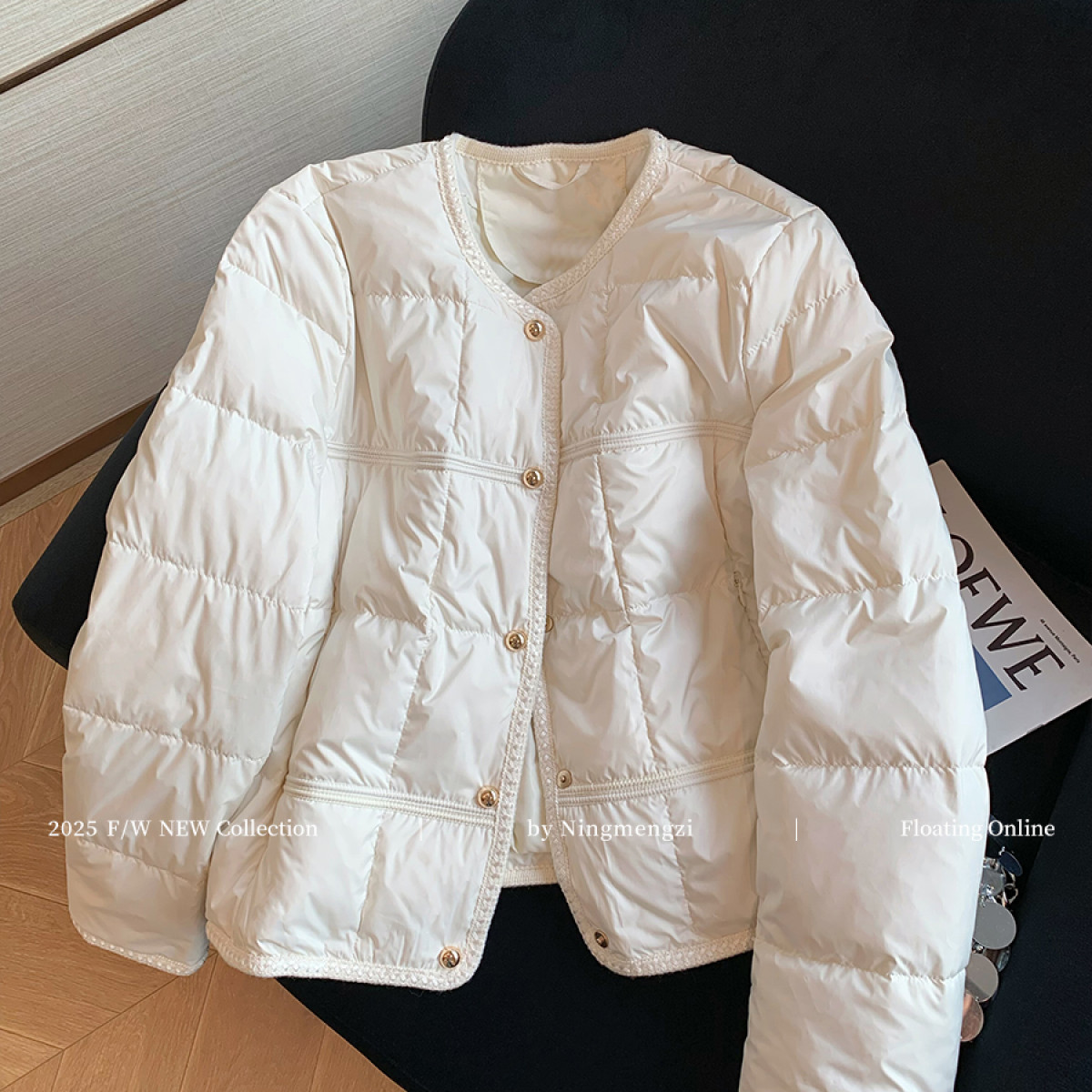 白色小香风金扣圆领棉服女2025秋冬新款高级气质保暖短款外套女装