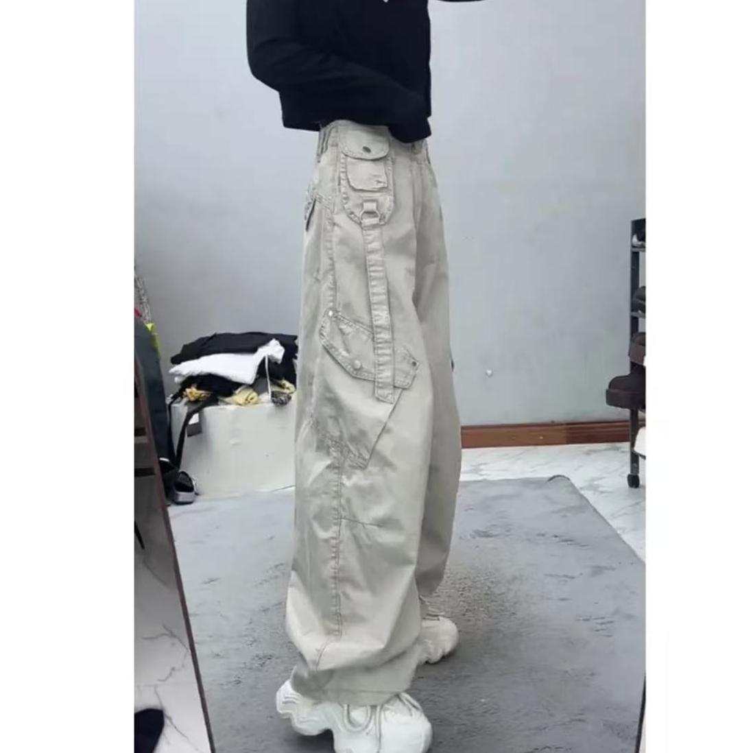 2025年春秋新款工装休闲裤女设计感百搭复古宽松高腰显瘦阔腿裤