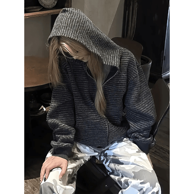 韩系黑色条纹连帽拉链外套男秋季高级感美式开衫卫衣重磅情侣帽衫