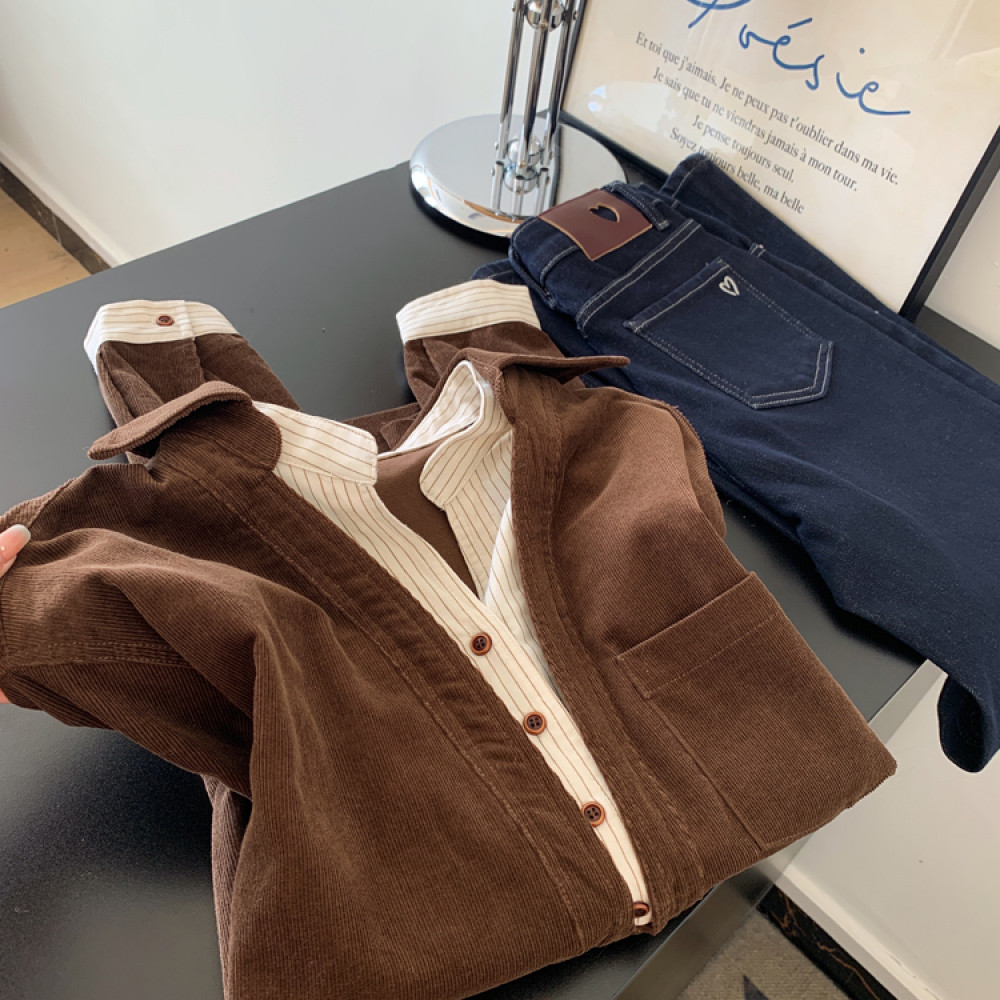 咖色翻领灯芯绒中长款假两件条纹拼接衬衫女士设计感小众宽松上衣