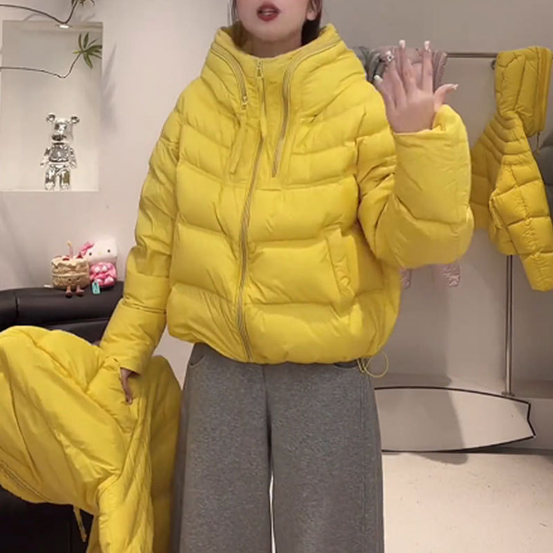韩版泡芙连帽短款羽绒棉服女冬季新款高级感宽松保暖斗篷外套涤纶