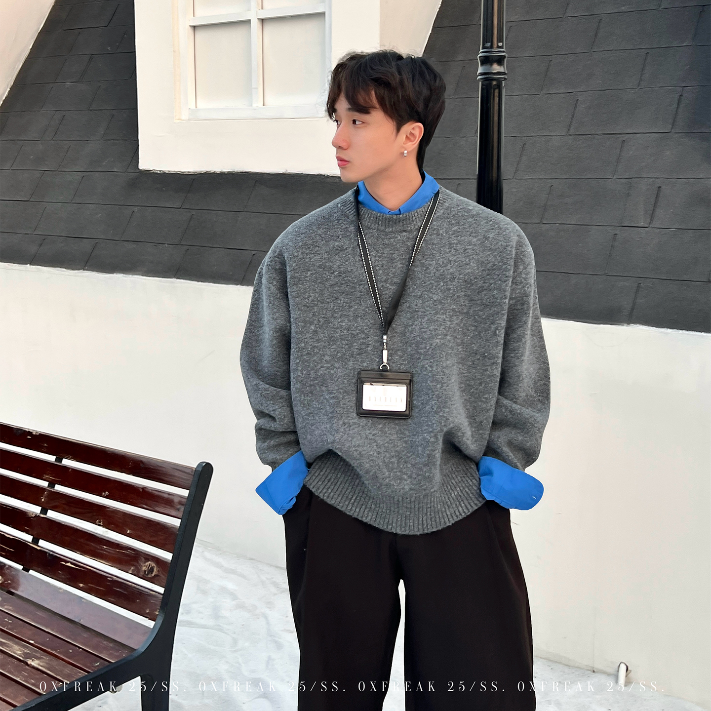 OXFREAK「羊毛混纺 加固螺纹」冬季圆领套头毛衣男宽松针织打底衫