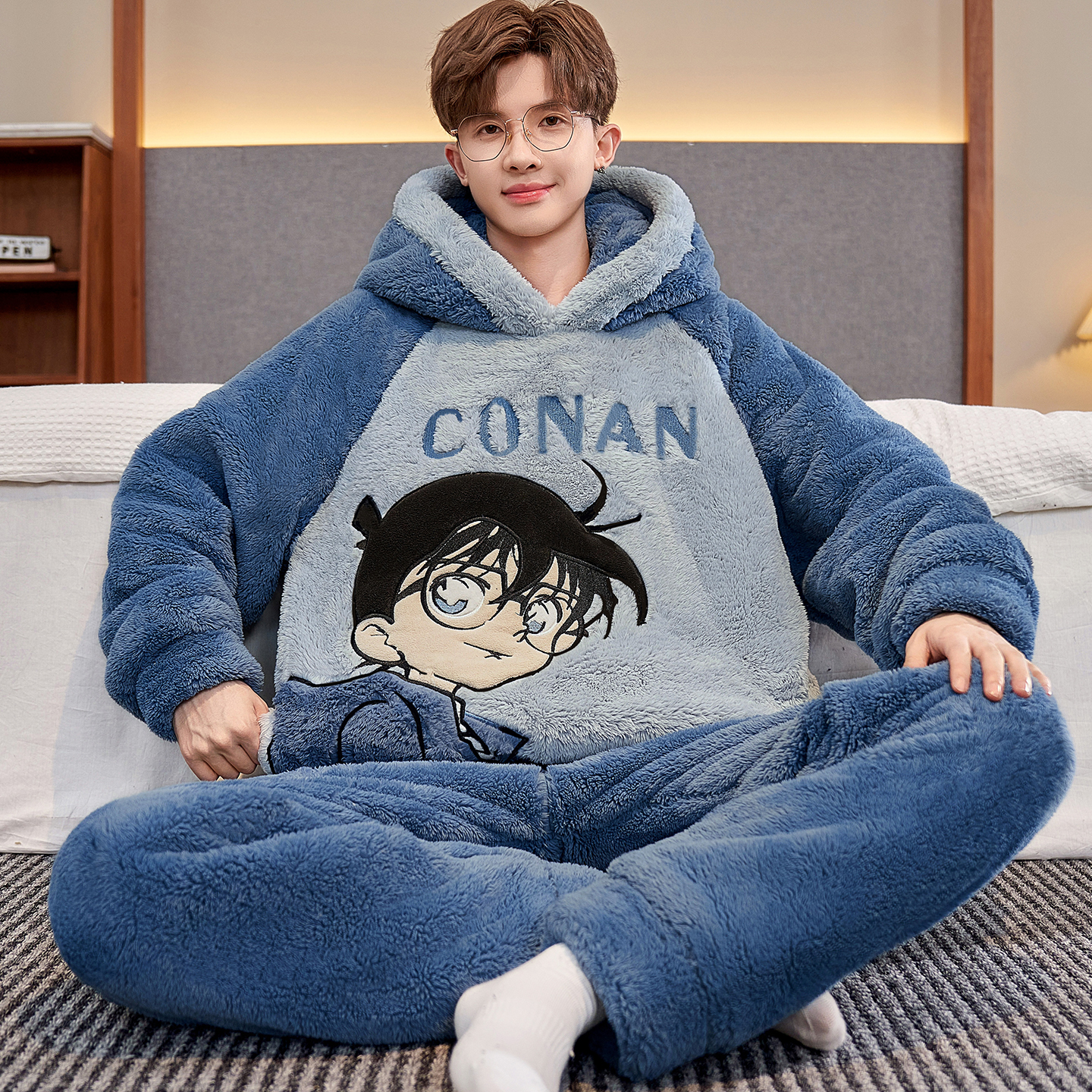 连帽珊瑚绒睡衣男冬季加厚加绒保暖秋冬款卡通冬天家居服两件套装