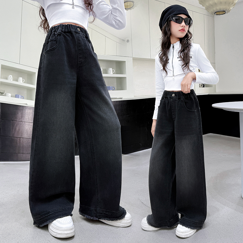 女童黑色牛仔裤秋装2025新款儿童裤子青少年女大童春秋直筒阔腿裤