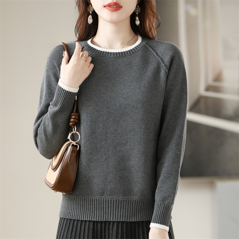 品牌时尚女装厚款圆领棉针织长袖直筒拼色上衣纯色气质优雅毛衣
